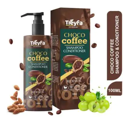 Bottle of Choco Coffee Shampoo and Conditioner (100ml) next to coffee beans and cocoa powder.